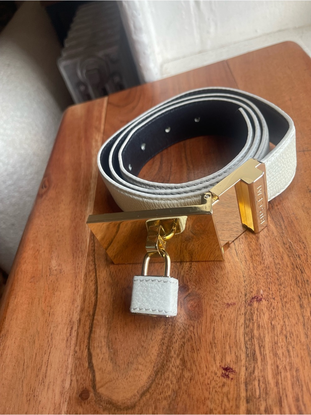 Buscemi White Leather Padlock Belt with Gold Hardware